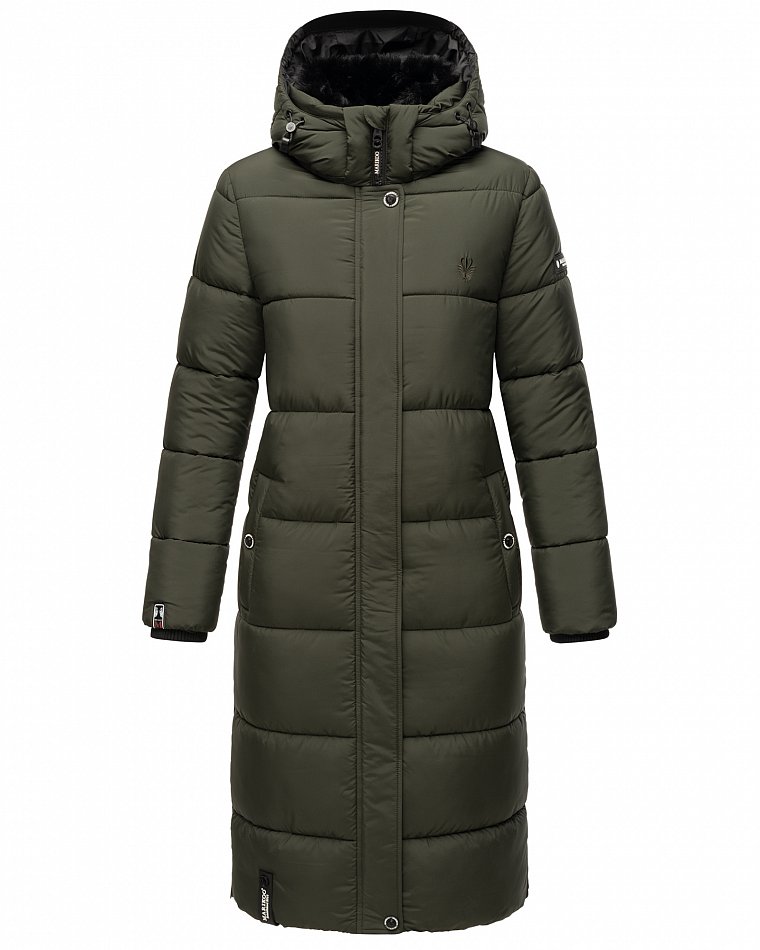 Marikoo langer Damen Winter Steppmantel mit Kapuze und Teddyfell Futter Reliziaa Dark Olive Gr. 38 - M