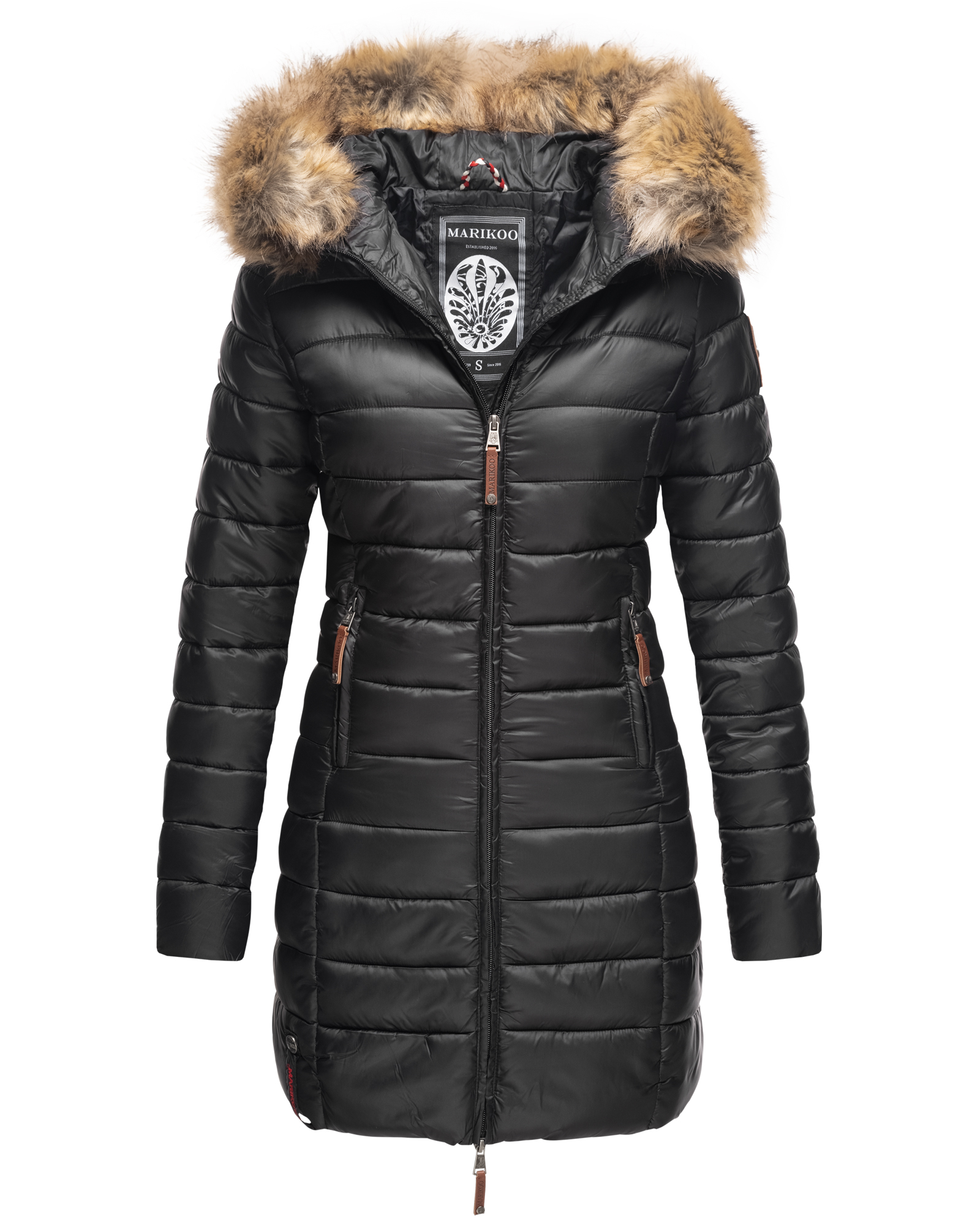 Marikoo Damen Winter Steppmantel mit Kapuze und Kunstfell Rose110 Schwarz Gr. 38 - M
