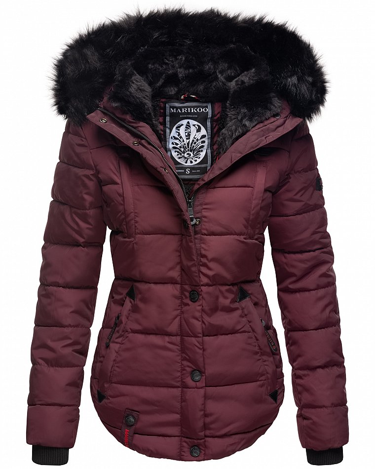 Marikoo Lotusblüte Damen Winter Stepp Jacke mit Kapuze & Kunstfell  Wine Gr. 40 - L