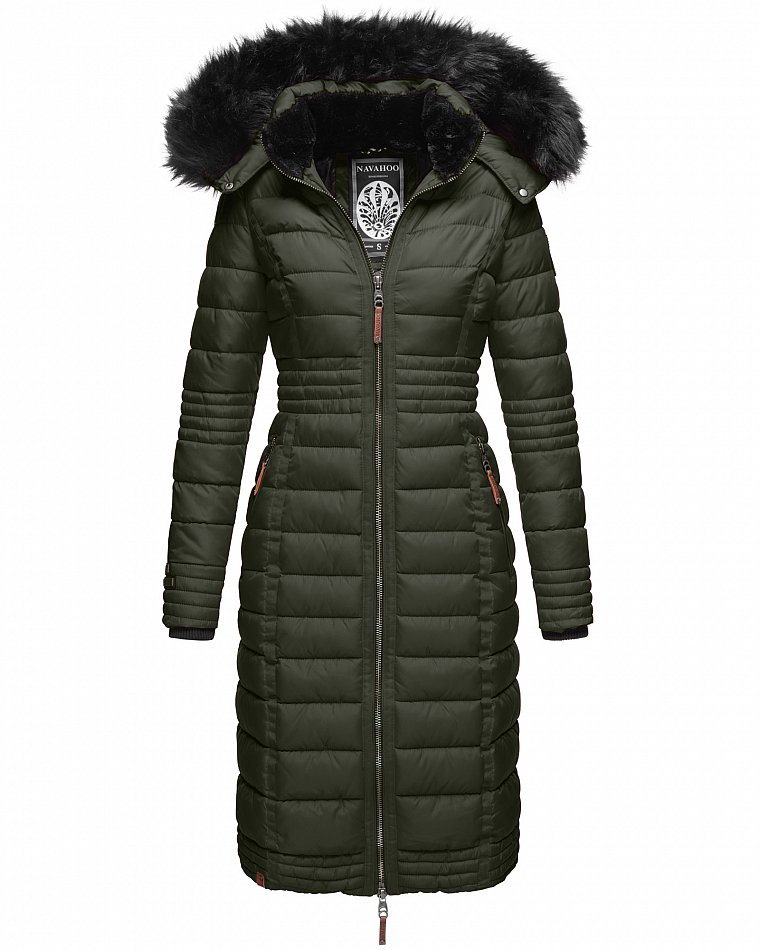 Navahoo Umay Damen Steppmantel Winterjacke mit Fellkragen Olive Gr. 40 - L