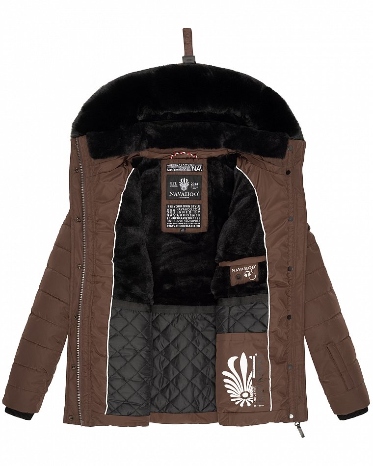 Navahoo Milianaa Damen Winter Steppjacke gefüttert Kapuze mit Kunstfell Schoko Gr. 34 - XS