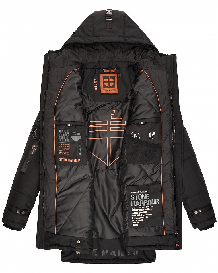 Stone Harbour Herren Winterparka Wintermantel mit Doppel Kapuze Tahaa Schwarz Gr. 52 - XL