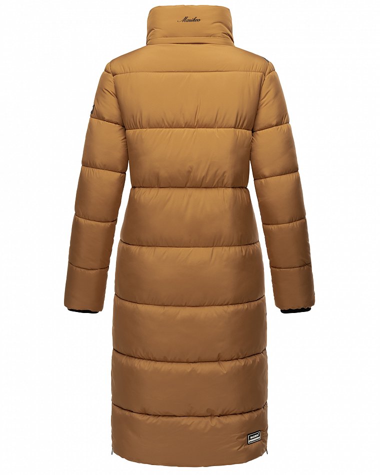 Marikoo langer Damen Winter Steppmantel mit Kapuze und Teddyfell Futter Reliziaa Camel Gr. 34 - XS