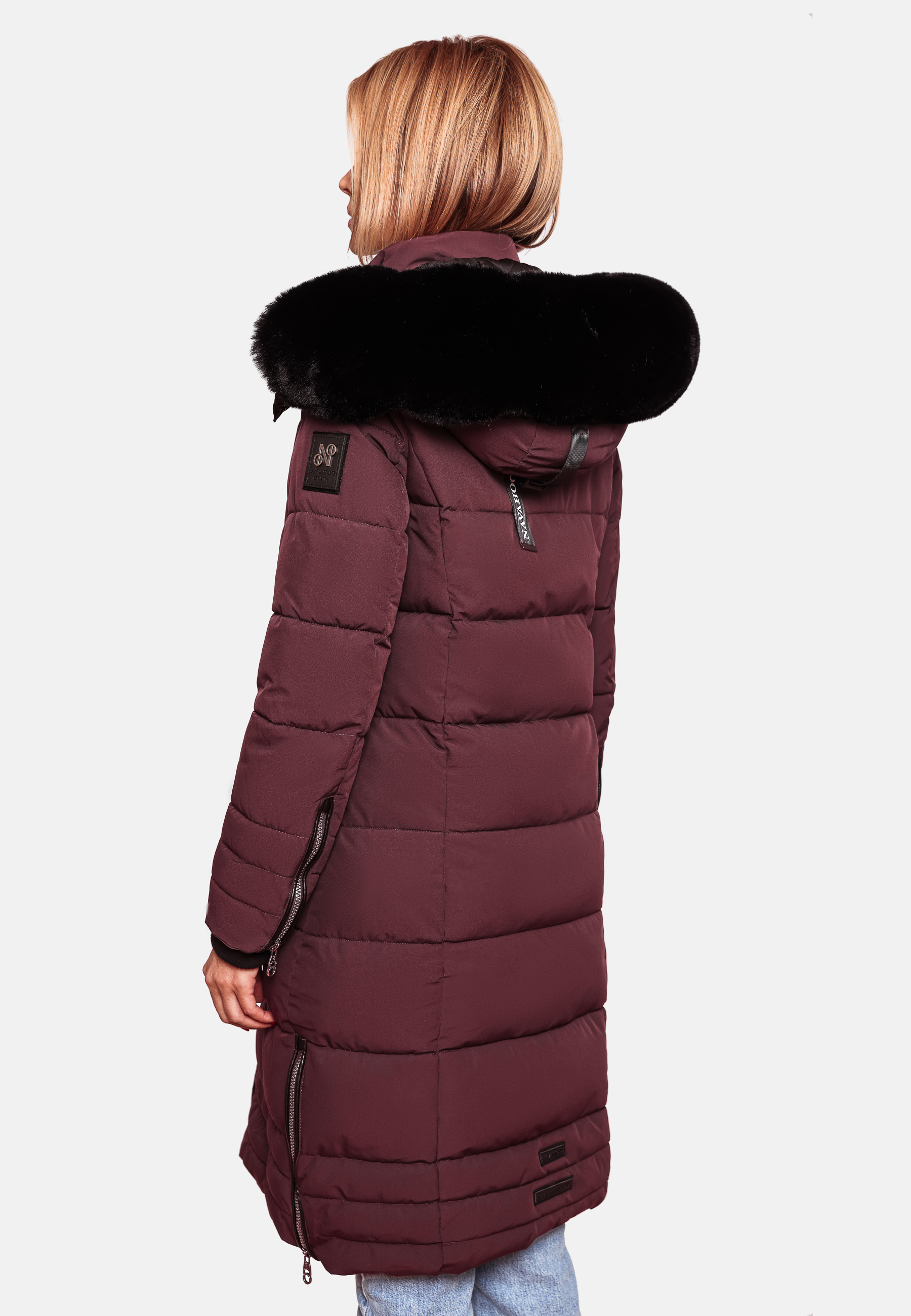 Navahoo Fahmiyaa Damen lange Winterjacke Mantel mit Kapuze Weinrot Gr. 38 - M