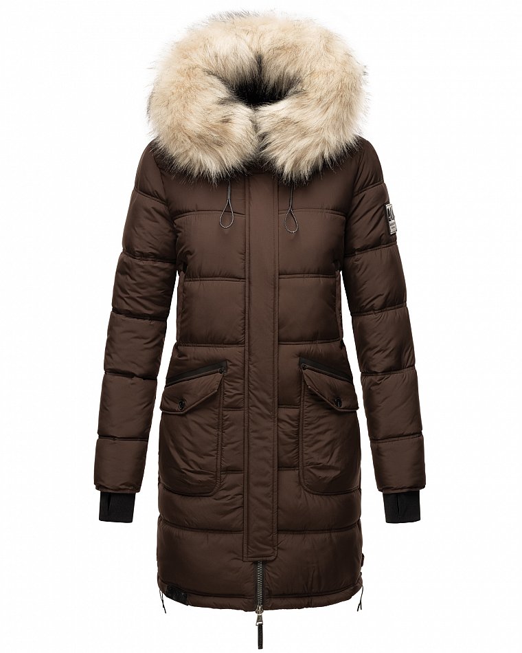 Marikoo Chaskaa Damen Winter Steppmantel Parka mit Kapuze & Kunstfell Schoko Gr. 40 - L