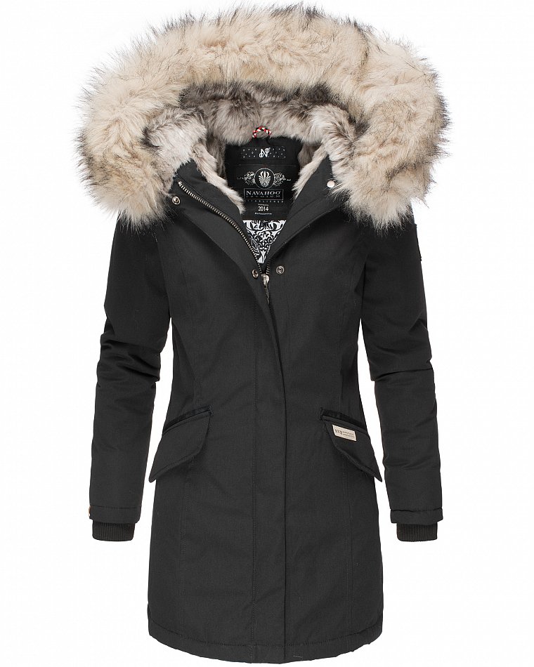 Navahoo Cristal Winterjacke Winterparka mit Kapuze & Kunstfell Schwarz Gr. 38 - M