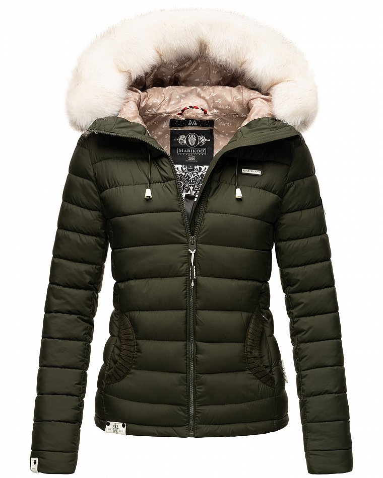 Marikoo Nasriin Damen Übergangsjacke Steppjacke mit Kunstfell Olive Gr. 36 - S