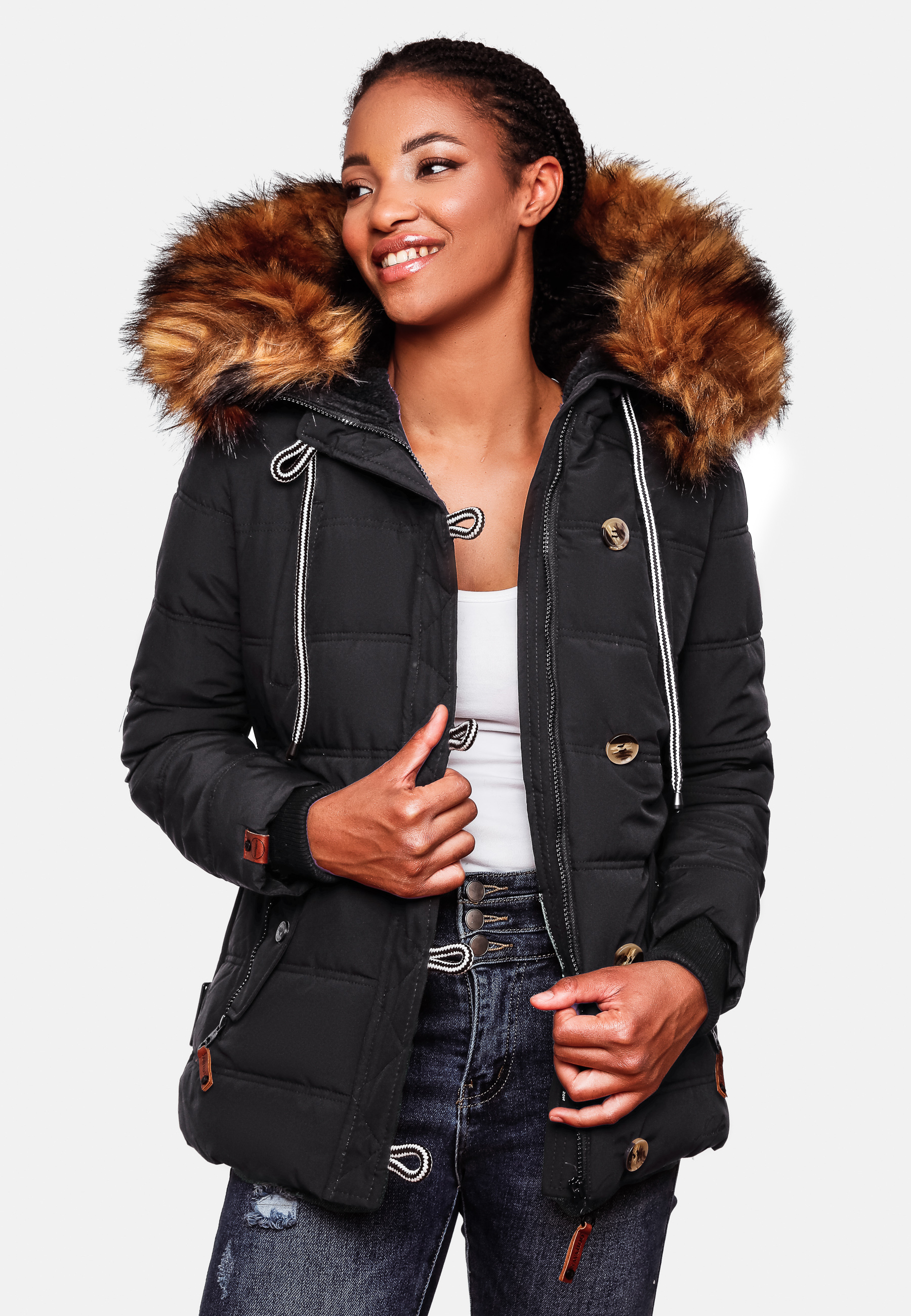 Navahoo Zoja Damen Winterjacke Steppjacke mit abnehmbarem Kunstfell Schwarz 44 - XXL