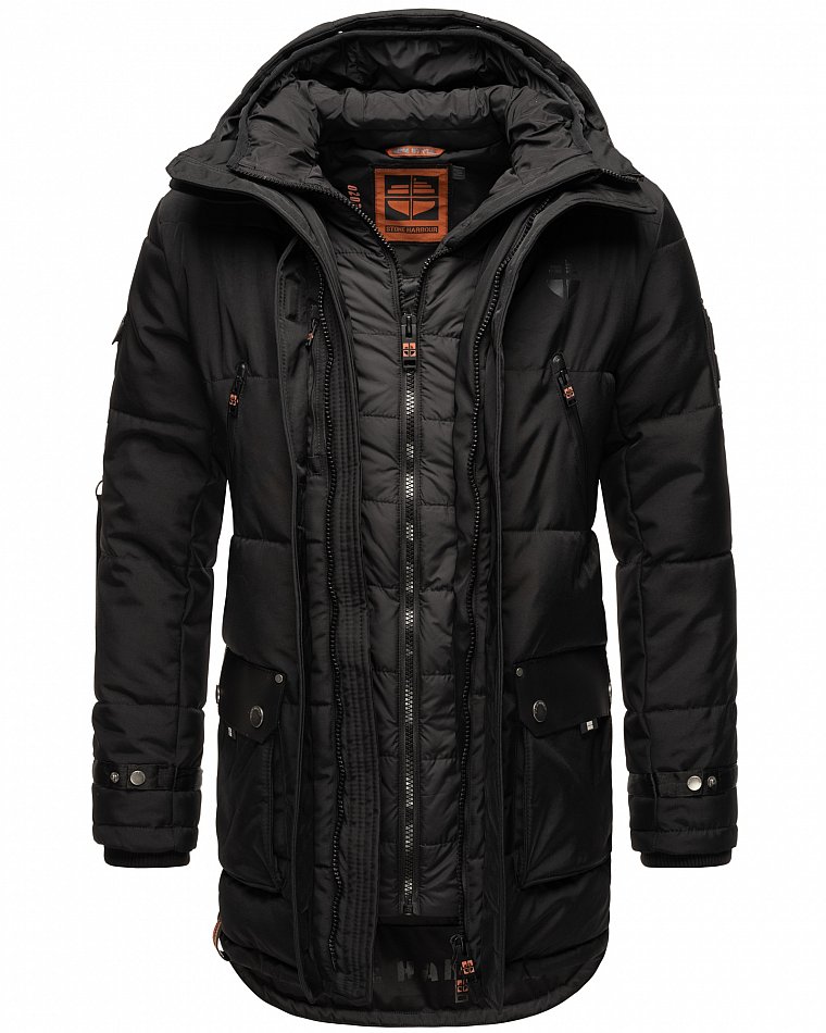 Stone Harbour Herren Winterparka Wintermantel mit Doppel Kapuze Tahaa Schwarz Gr. 46 - S