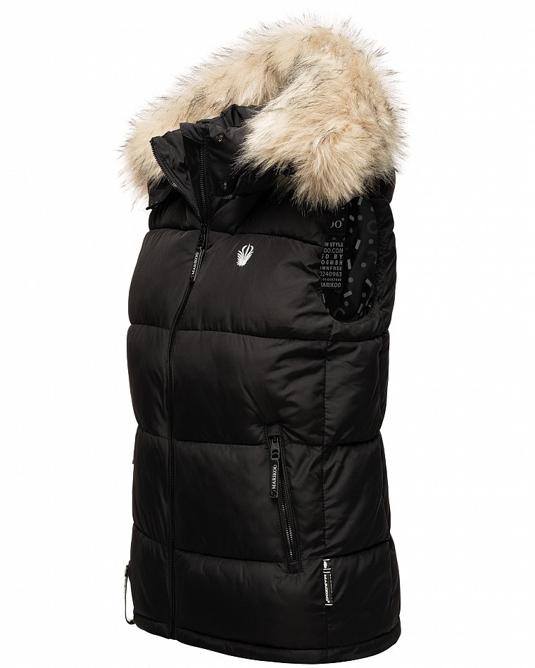 Marikoo Eisflöckchen Damen Winter Steppweste mit Kunstfell Schwarz Gr. 38 - M