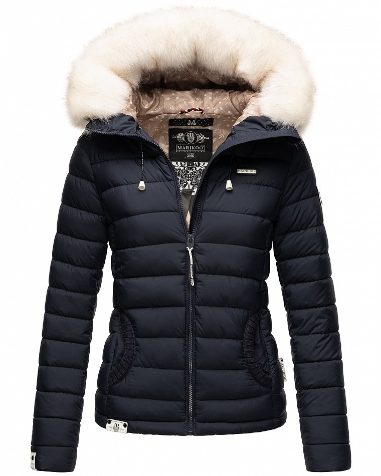 Marikoo Nasriin Damen Übergangsjacke Steppjacke mit Kunstfell Navy Gr. 34 - XS