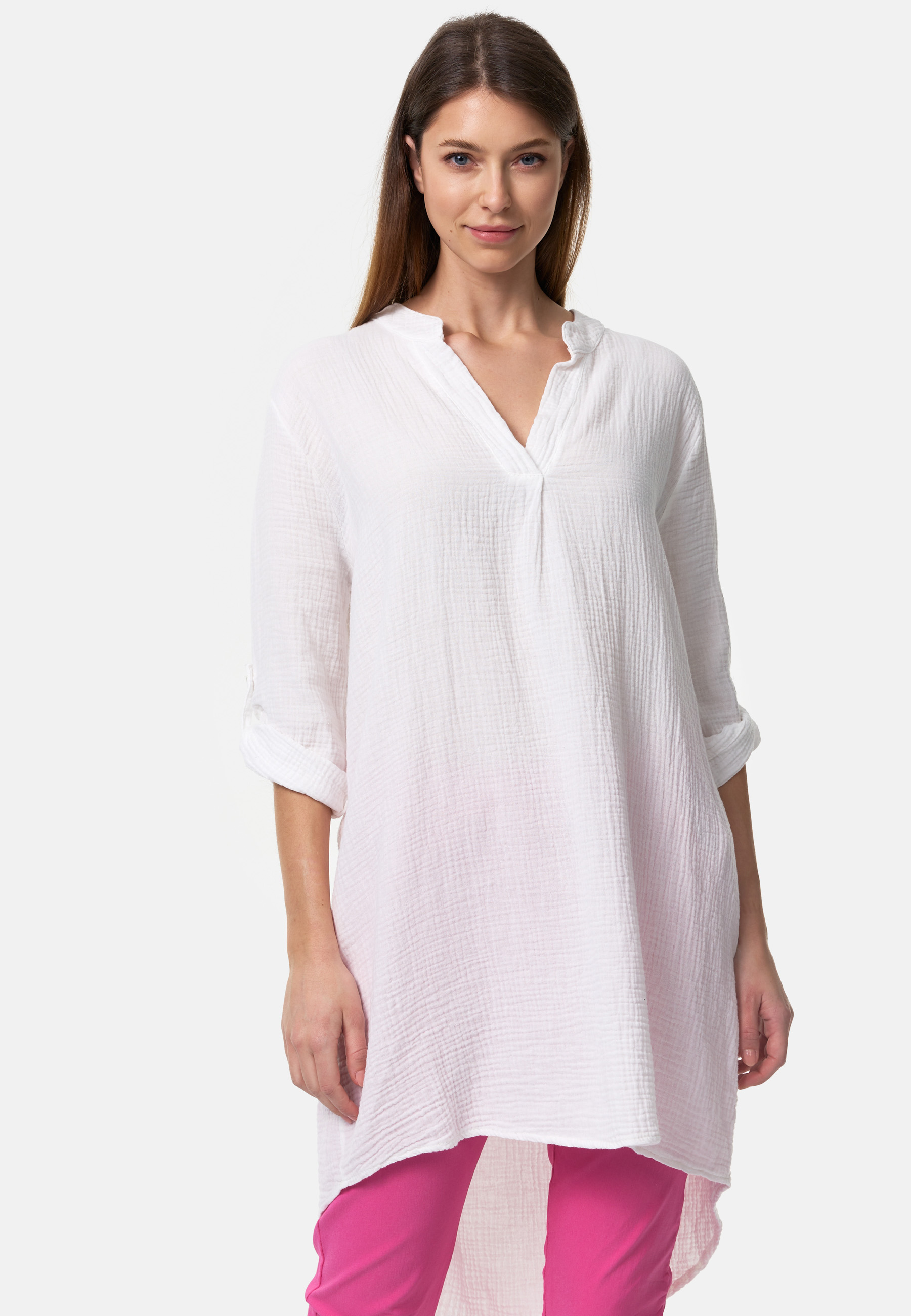 PM SELECTED Romantische Damen Musselin Oversize Longbluse Weiß PM10 Einheitsgröße Gr. 34- 38