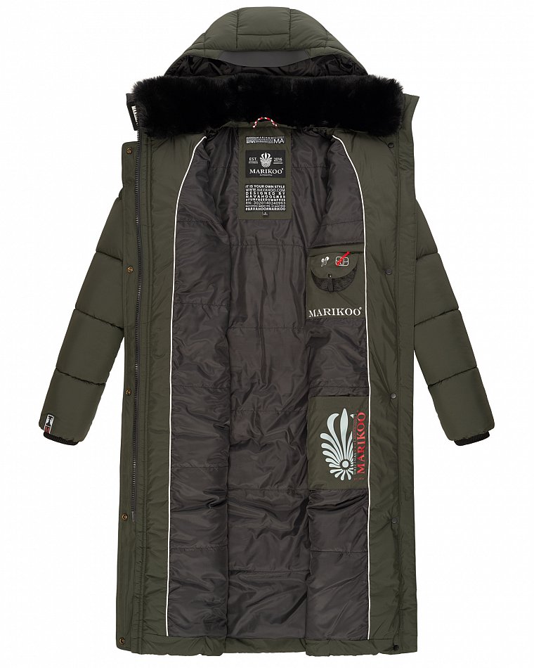 Marikoo langer Damen Winter Steppmantel mit Kapuze und Teddyfell Futter Reliziaa Dark Olive Gr. 38 - M