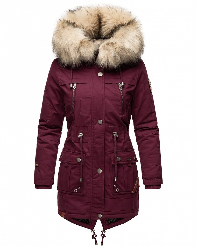 Navahoo Honigfee Damen Winterjacke Parka mit Kunstfell  & Kapuze Wine Gr. 36 - S