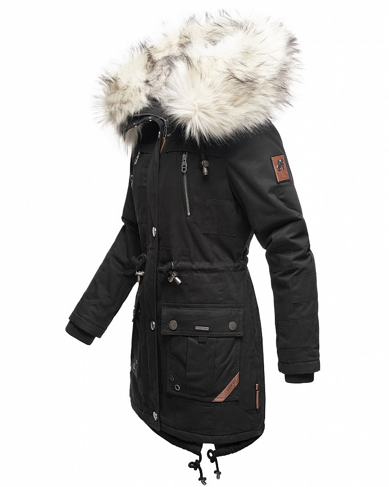 Navahoo Honigfee Damen Winterjacke Parka mit Kunstfell  & Kapuze Schwarz Gr. 38 - M