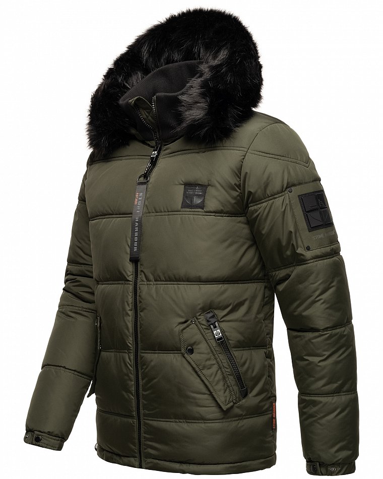 Stone Harbour Zarlaan Herren Parka Winterjacke mit Kapuze & Kunstfell Olive Gr. 52 - XL