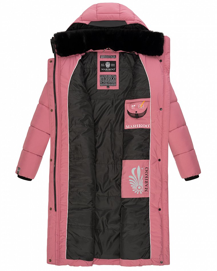 Marikoo langer Damen Winter Steppmantel mit Kapuze und Teddyfell Futter Reliziaa Dark Rose Gr. 34 - XS