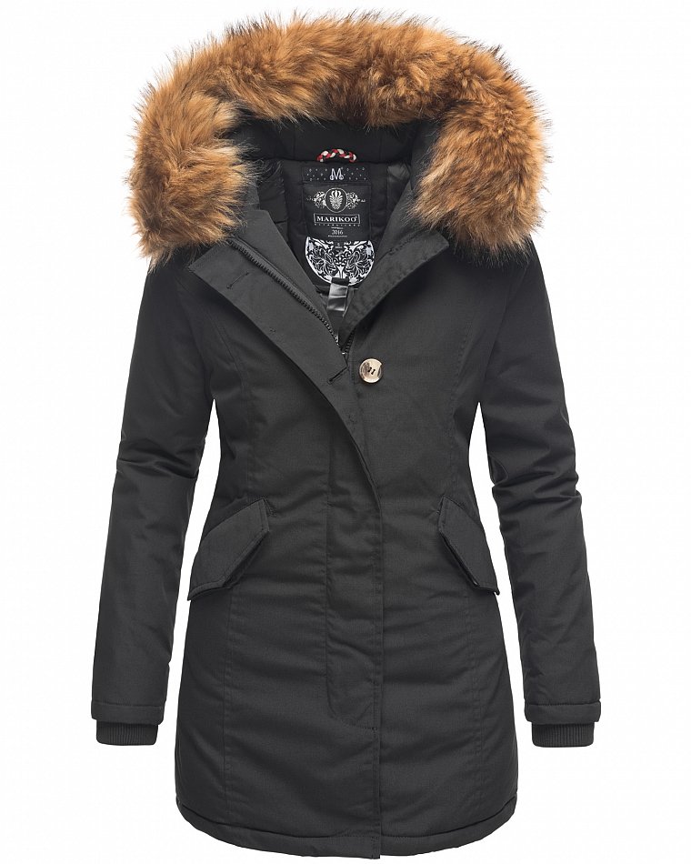 Marikoo Karmaa Princess Damen Winter Parka mit Kunstfell Schwarz Gr. 34 - XS