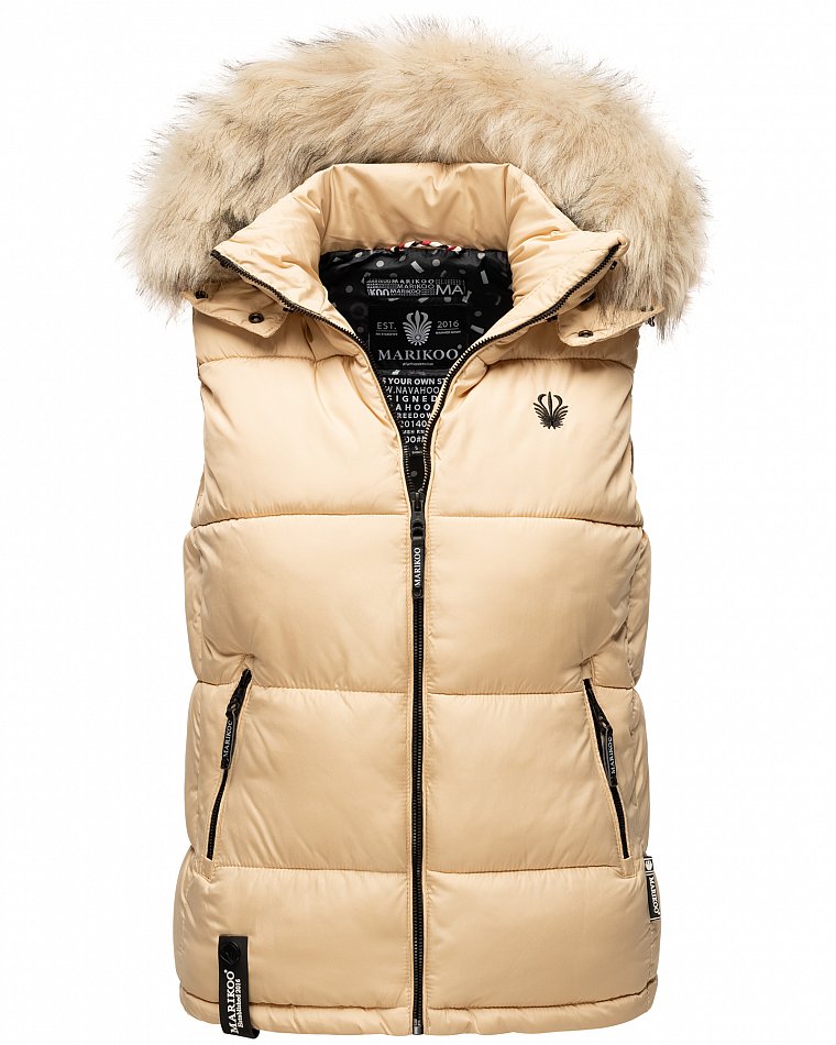 Marikoo Eisflöckchen Damen Winter Steppweste mit Kunstfell Beige Gr. 38 - M