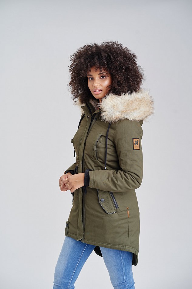 Navahoo Bombii Damen Wintermantel Parka mit Kunstfell & Kapuze Olive Gr. 38 - M