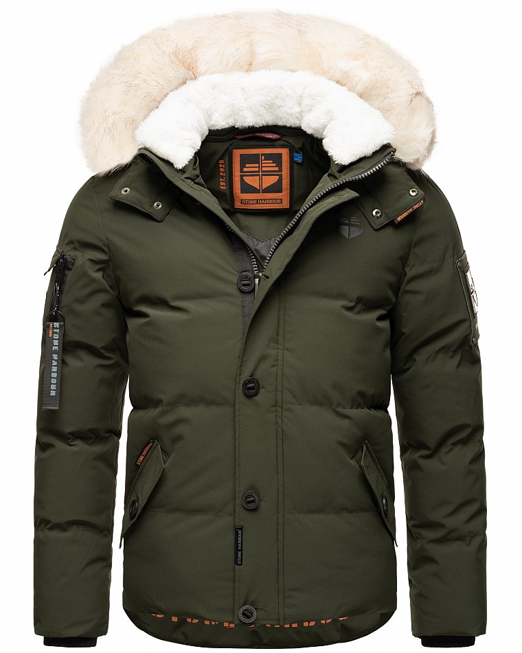 Stone Harbour Halvaar Herren Winterjacke gesteppt Olive mit Weißem Kunstfell Gr. 46 - S