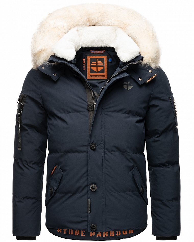 Stone Harbour Halvaar Herren Winterjacke gesteppt Navy mit Weißem Kunstfell Gr. 50 - L