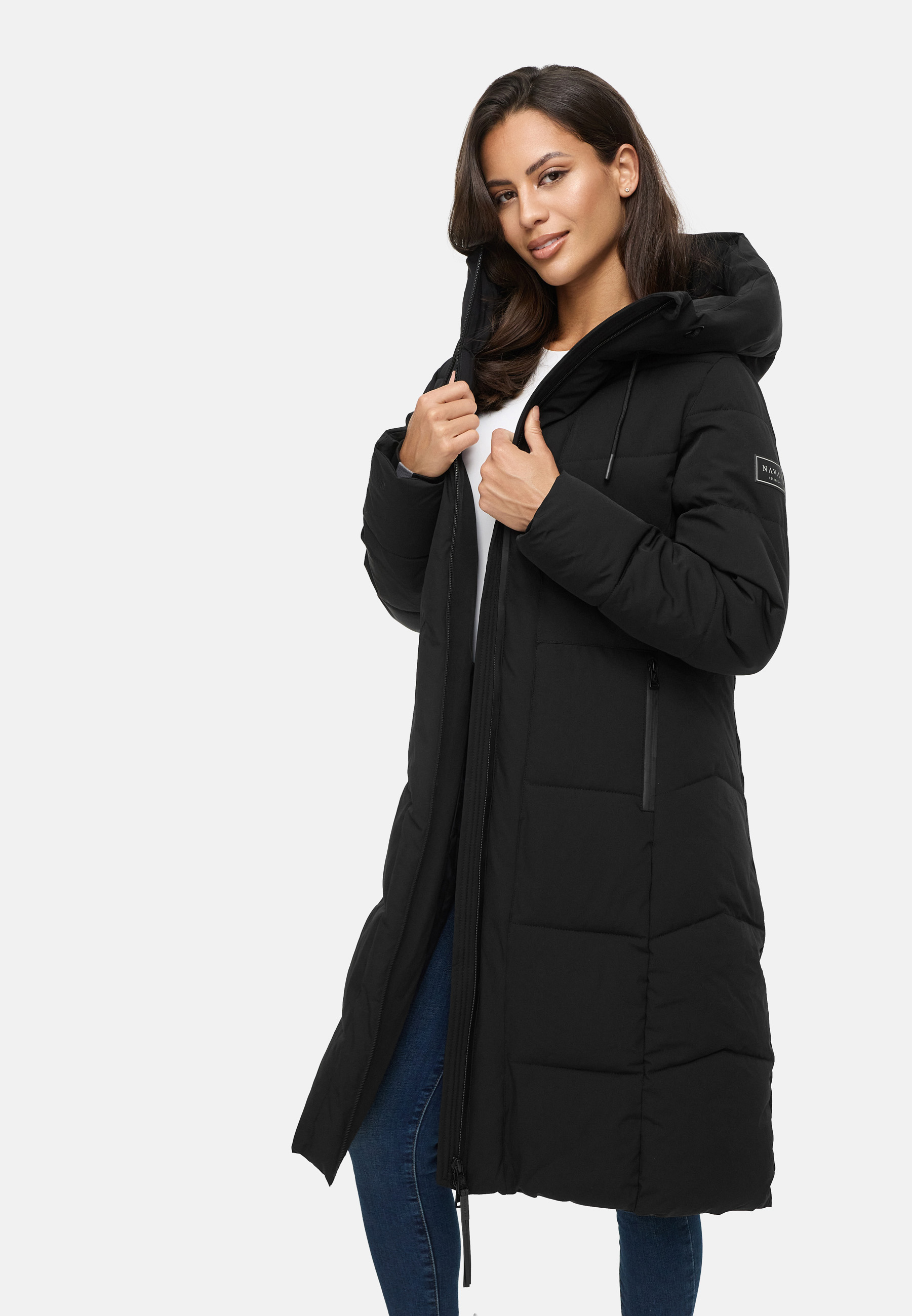  Navahoo Damen Steppmantel Lang Wintermantel gefüttert Parka Kapuze Schokokuss Schwarz 46 - XXXL