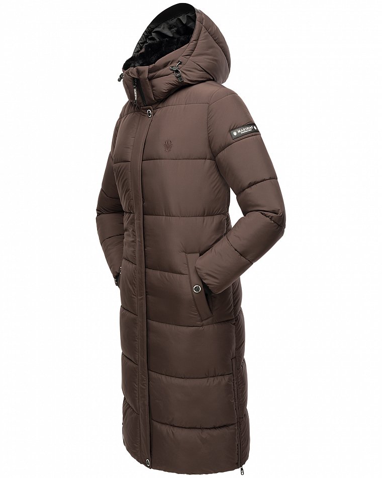 Marikoo langer Damen Winter Steppmantel mit Kapuze und Teddyfell Futter Reliziaa Dark Choco Gr. 38 - M