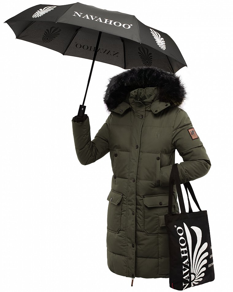 Navahoo Cosimaa Damen Wintermantel mit Teddyfell Gefüttert inkl. Regenschirm Anthrazit Gr. 44 - XXL