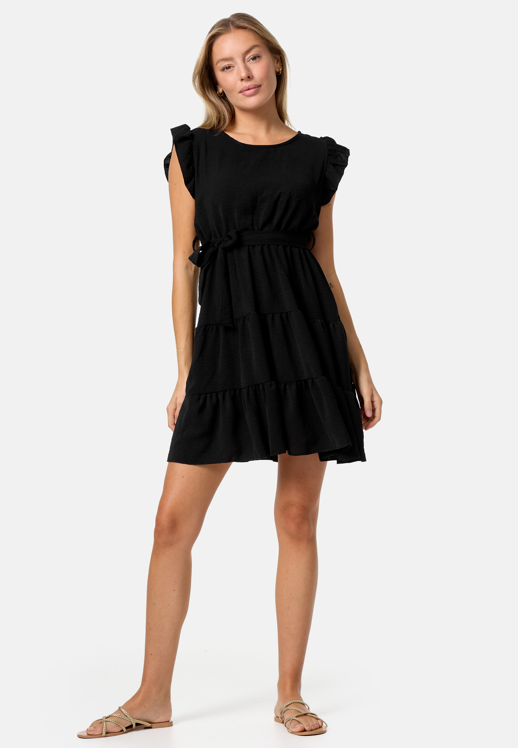 Pm Selected Sommerkleid Midi Mini Kleid Rüschen PM27 Schwarz Einheitsgröße