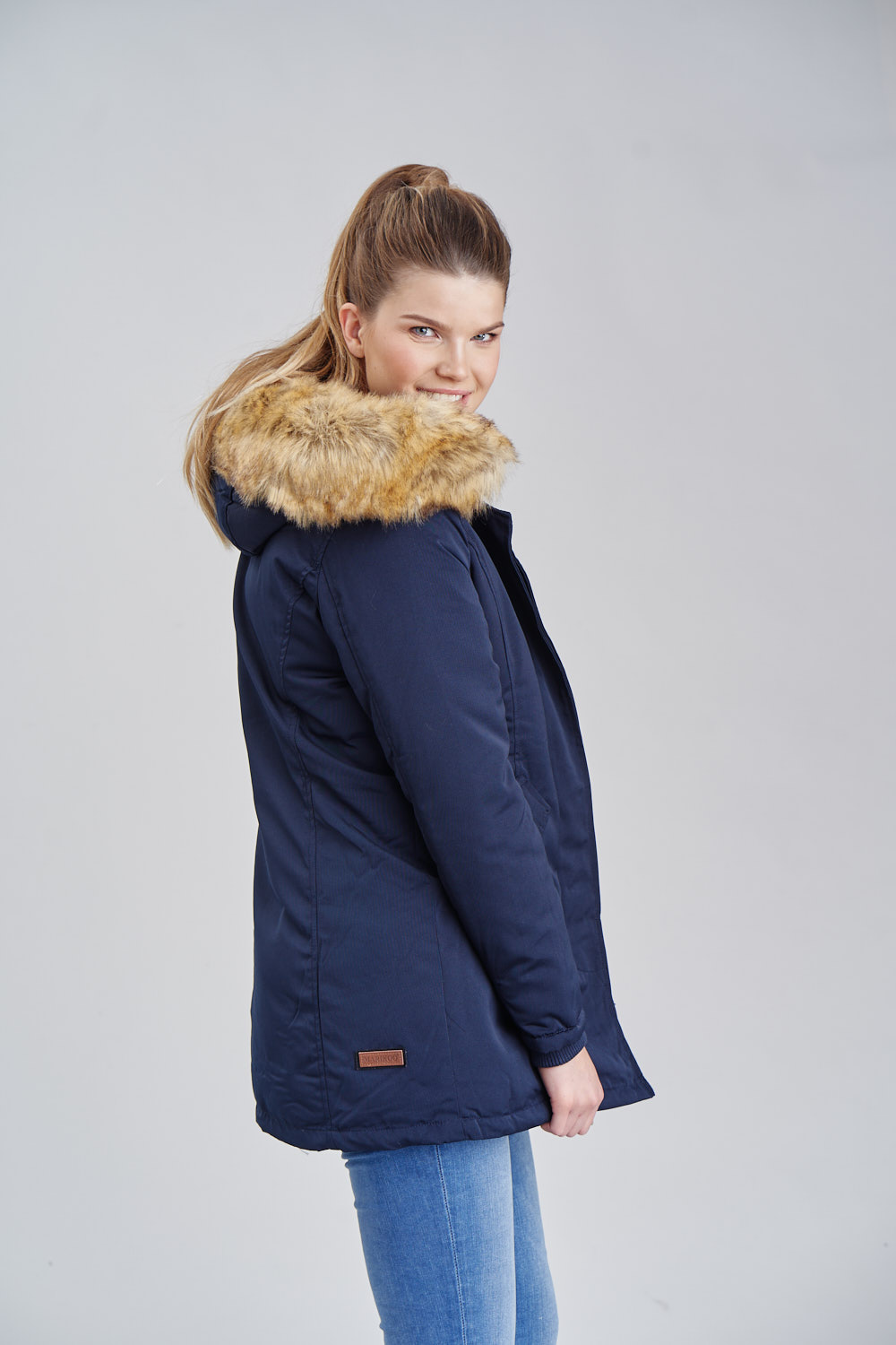 Marikoo Karmaa Eleganter Damen Winter Parka mit Kunstpelz und Kapuze Blau Gr. 38 - M