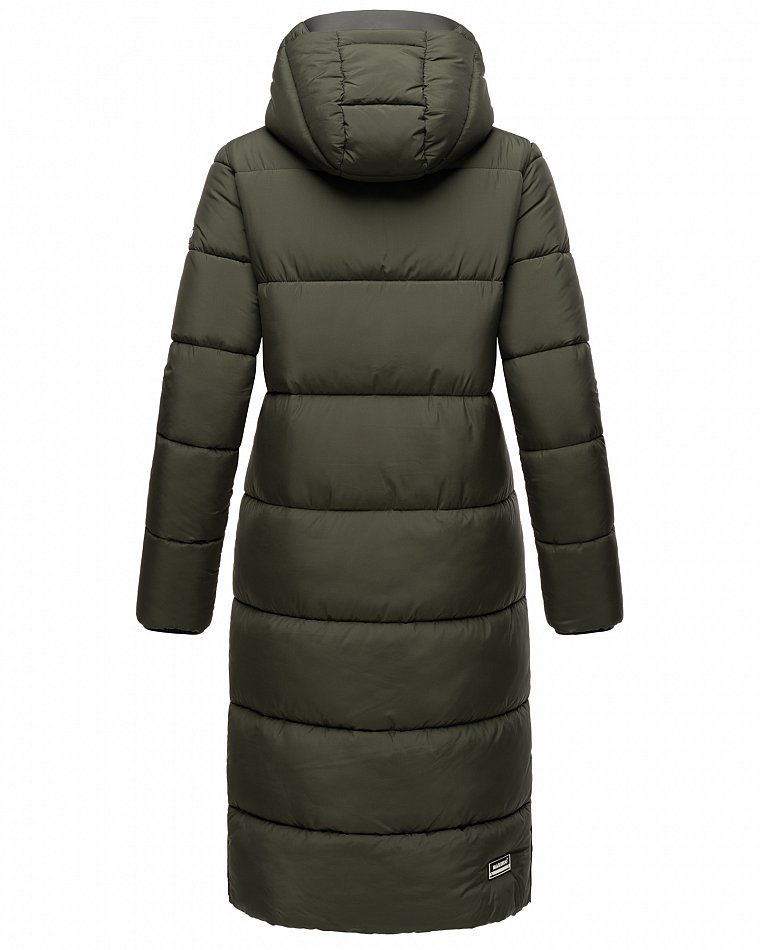 Marikoo langer Damen Winter Steppmantel mit Kapuze und Teddyfell Futter Reliziaa Dark Olive Gr. 38 - M