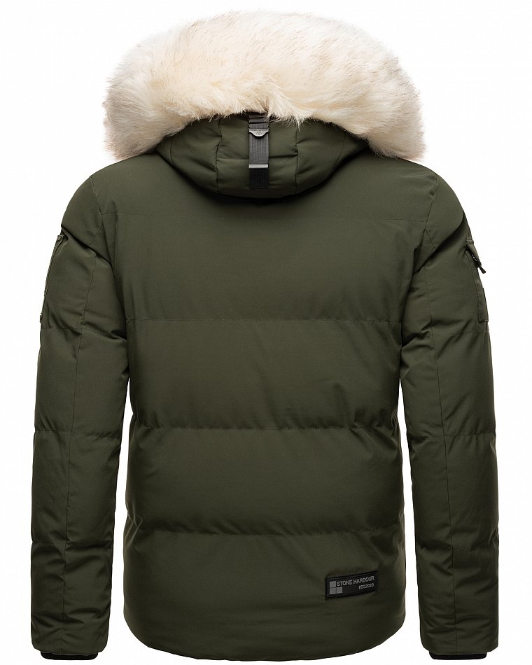 Stone Harbour Halvaar Herren Winterjacke gesteppt Olive mit Weißem Kunstfell Gr. 48 - M