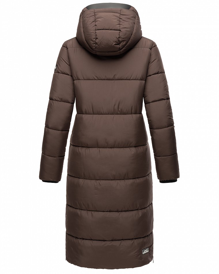 Marikoo langer Damen Winter Steppmantel mit Kapuze und Teddyfell Futter Reliziaa Dark Choco Gr. 36 - S