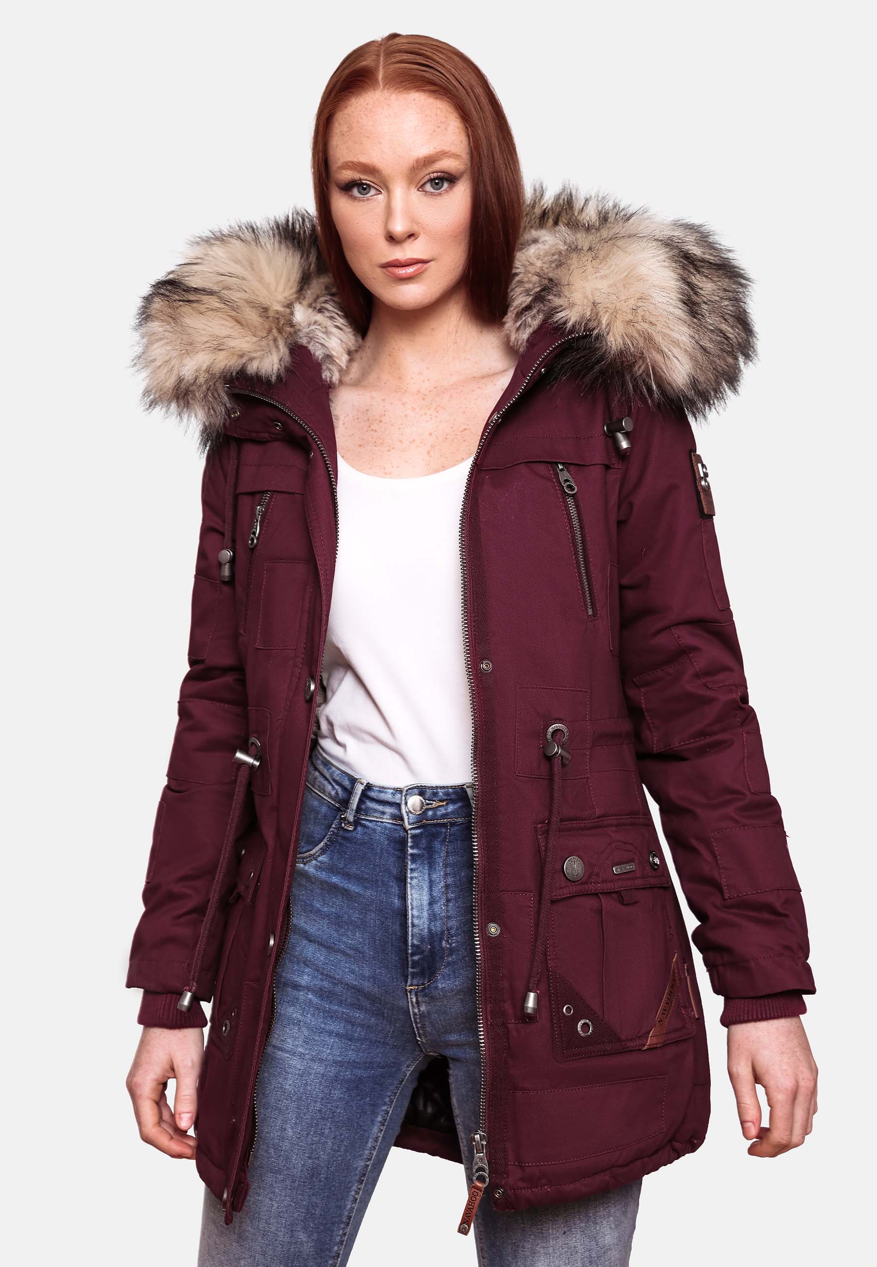 Navahoo Honigfee Damen Winterjacke Parka mit Kunstfell  & Kapuze Wine Gr. 36 - S