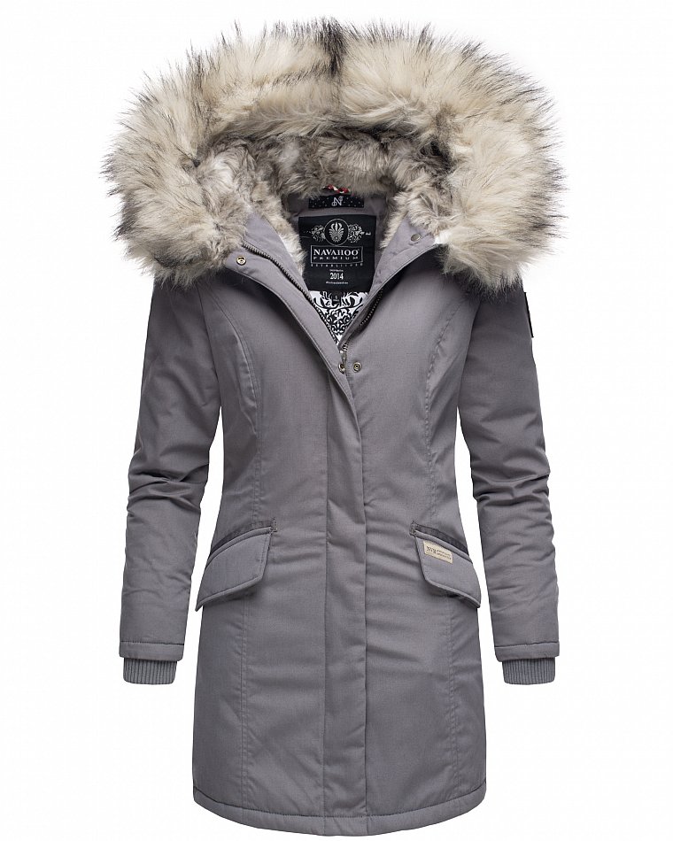 Navahoo Cristal Winterjacke Winterparka mit Kapuze & Kunstfell Grau Gr. S - 36