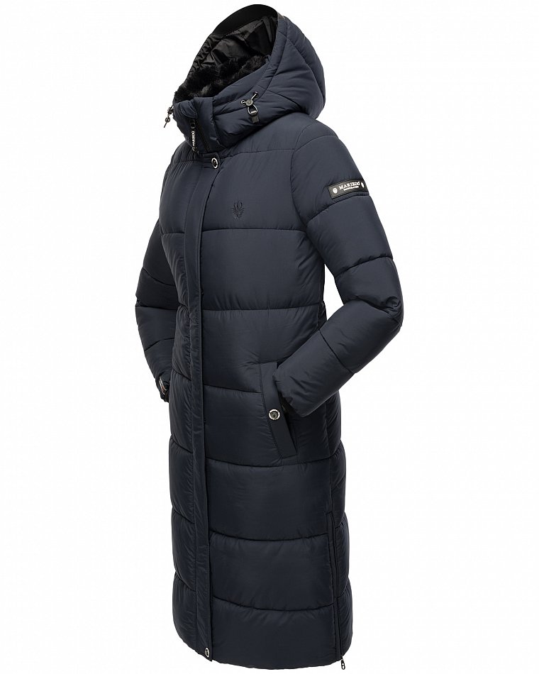 Marikoo langer Damen Winter Steppmantel mit Kapuze und Teddyfell Futter Reliziaa Blau Gr. 36 - S