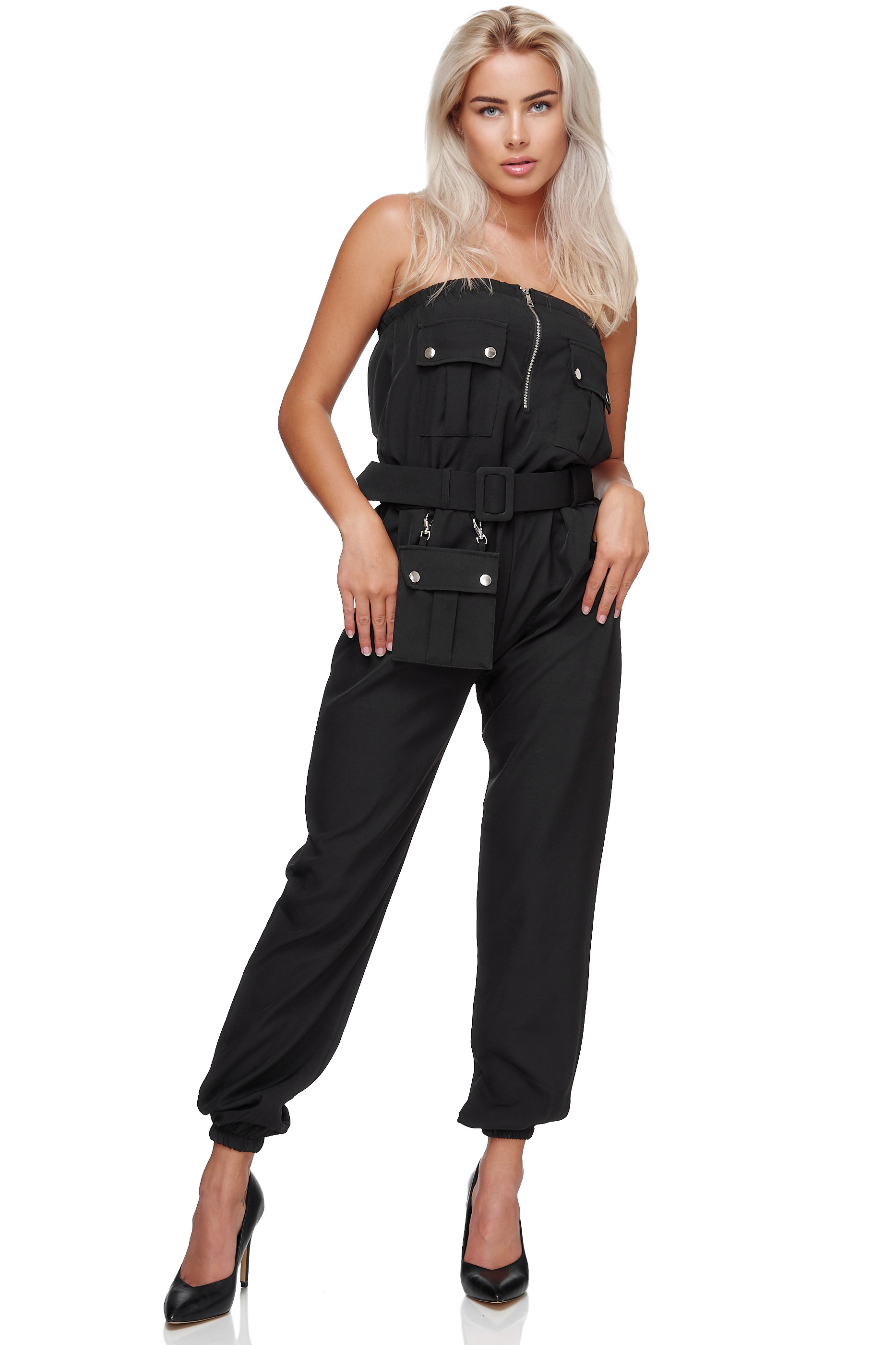 Sexy schulterfreier Damen Overall mit Gürtel und Tasche RS10 Schwarz Einheitsgröße 34-38