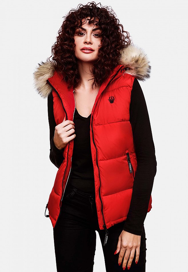 Marikoo Eisflöckchen Damen Winter Steppweste mit Kunstfell Rot Gr. 38 - M