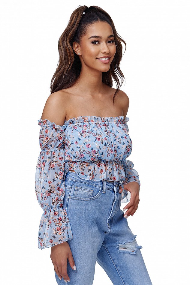 Damen Shoulder Carmen Top mit floralem Print Blau Einheitsgröße Gr. 34 - 38 RS02