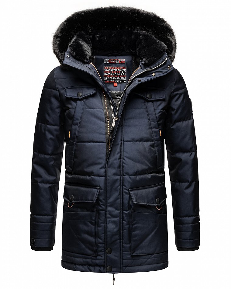 Navahoo Luaan Herren Wintermantel Parka mit Kunstfell & Kapuze Blau Gr. M