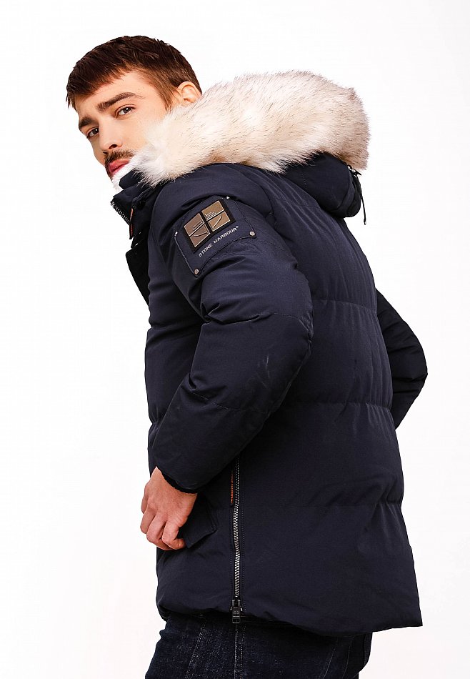 Stone Harbour Halvaar Herren Winterjacke gesteppt Navy mit Weißem Kunstfell Gr. 50 - L