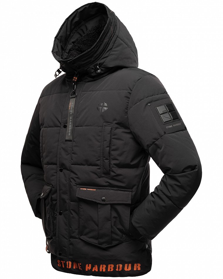 Stone Harbour Admaroo Herren Winterjacke gesteppt mit Kapuze Schwarz Gr. 50 - L