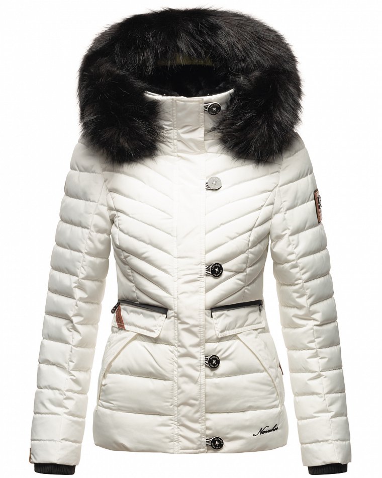 Navahoo Wisteriaa Damen Winter Steppjacke mit Kunstfell Weiß Gr. 44 - XXL