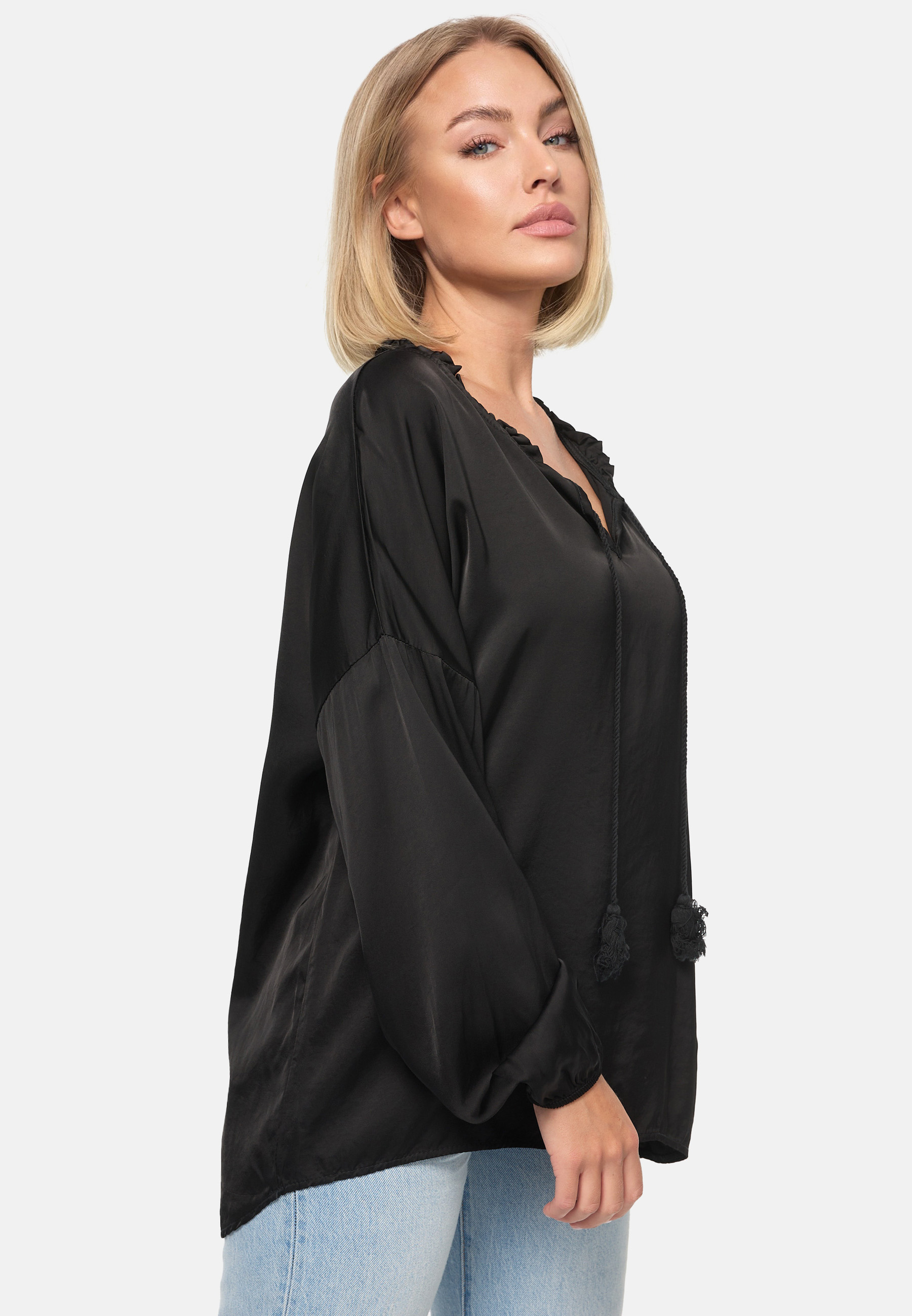 PM SELECETD Verspielte Damen Satin Bluse mit Rüschenkragen und Seidenanteil Schwarz Einheitsgröße 34- 38 PM06