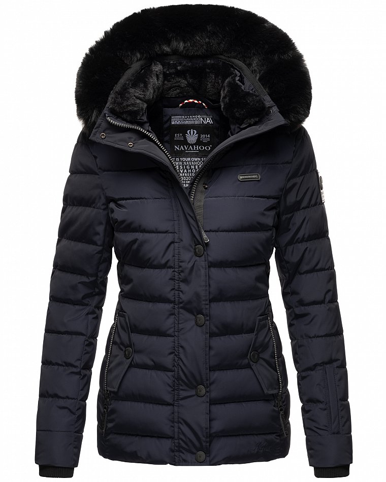 Navahoo Milianaa Damen Winter Steppjacke gefüttert Kapuze mit Kunstfell Navy Gr. 44 - XXL