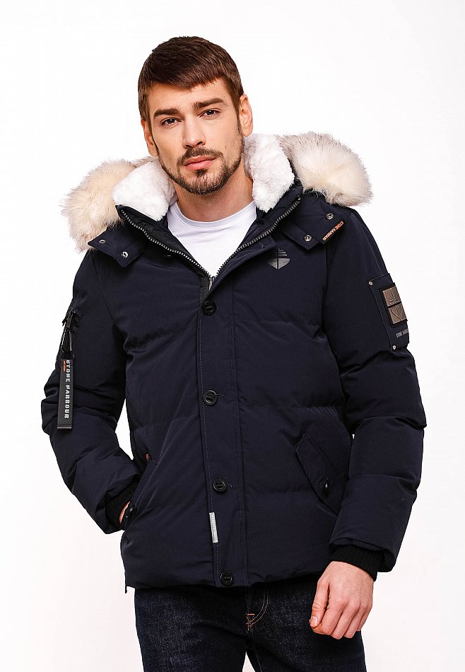 Stone Harbour Halvaar Herren Winterjacke gesteppt Navy mit Weißem Kunstfell Gr. 46 - S