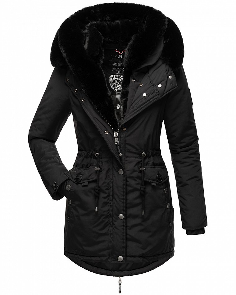 Navahoo Edler Damen Winter Parka mit Doppelter Kunstpelz Kapuze Sweety Deluxe Schwarz Gr. 44 - XXL