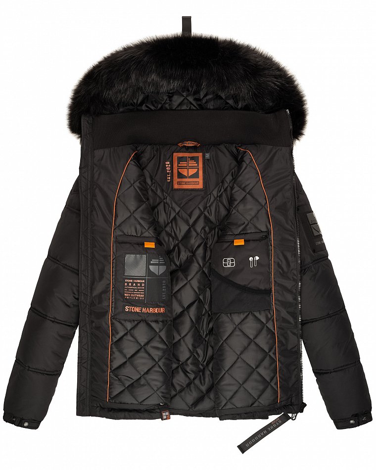 Stone Harbour Zarlaan Herren Parka Winterjacke mit Kapuze & Kunstfell Schwarz Gr. 48 - M