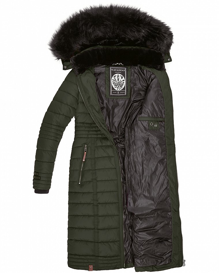 Navahoo Umay Damen Steppmantel Winterjacke mit Fellkragen Olive Gr. 40 - L